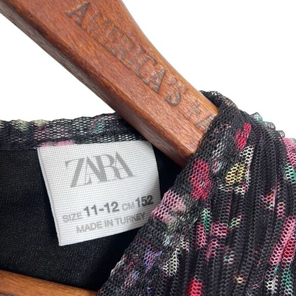 Zara Floral Pleated Sheer Sleeve Keyhole Back Tiered Mini Dress Black Size 11-12 - Picture 6 of 8